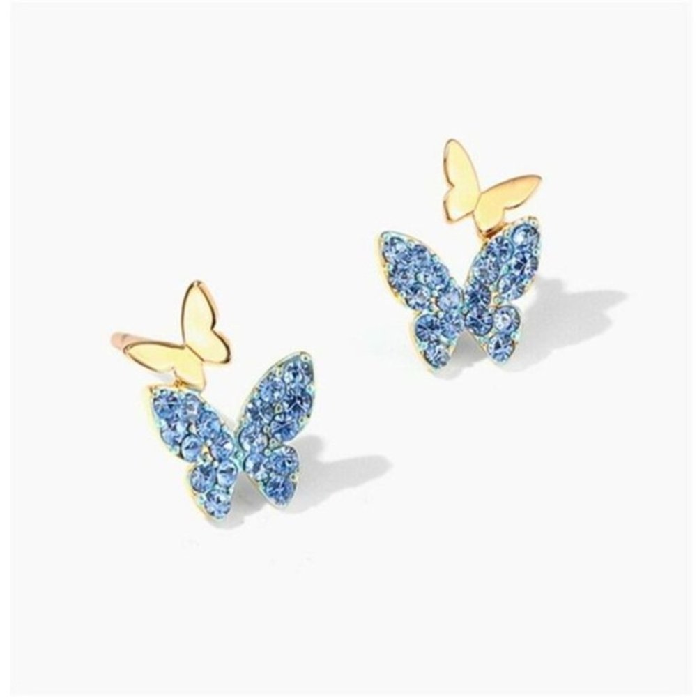 Delightful 18k Gold 925 Silver Blue CZ Butterfly Studs